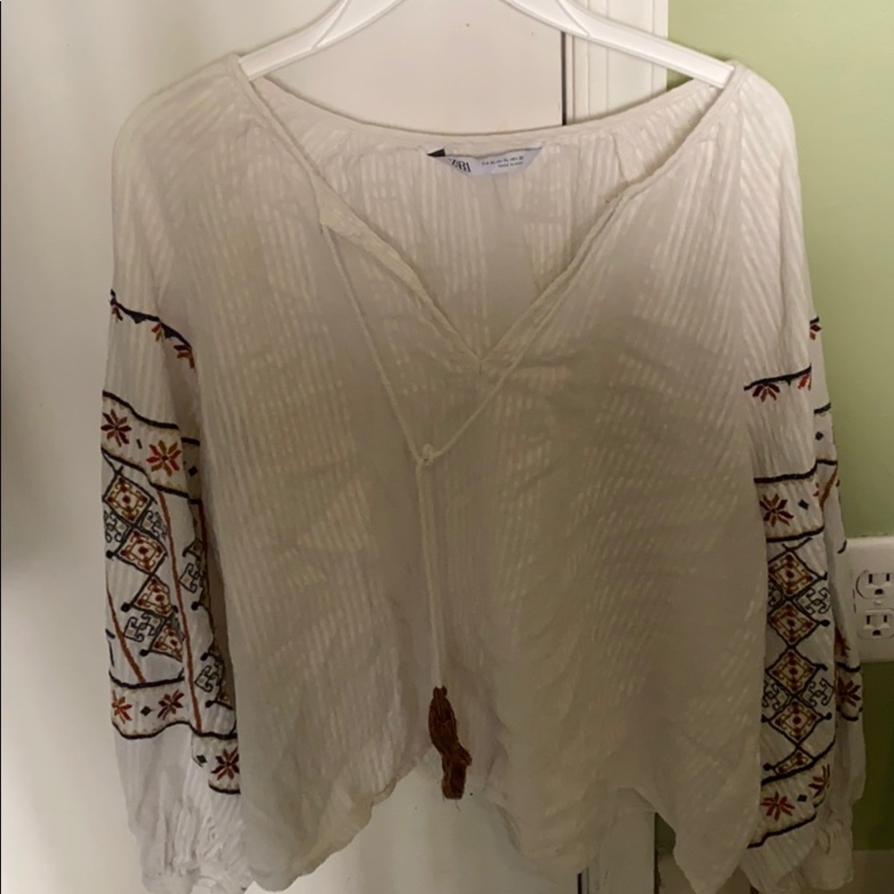 ZARA embroidered sleeve tassel tie peasant blouse